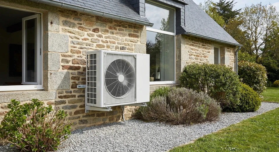 Gros plan d'une unité extérieure de pompe à chaleur air-eau installée sur la façade d'une maison, montrant clairement l'appareil blanc ou gris avec ses ventilateurs et éléments techniques, en contexte résidentiel réel, illustrant le système qui capte l'énergie de l'air extérieur.