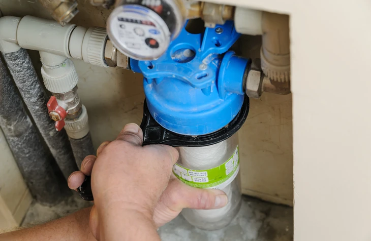 Technicien en combinaison bleue installant un système de filtration d'eau à osmose inverse sous un évier de cuisine