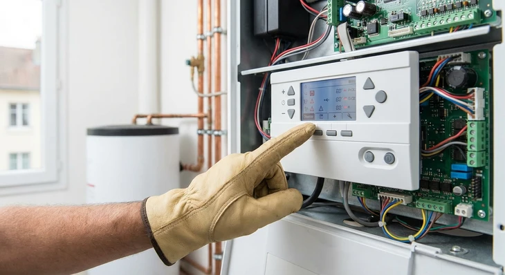 Main tenant un élément de chauffe-eau électrique en cuivre avec résistance chauffante, près d'un chauffe-eau ouvert montrant les connexions internes
