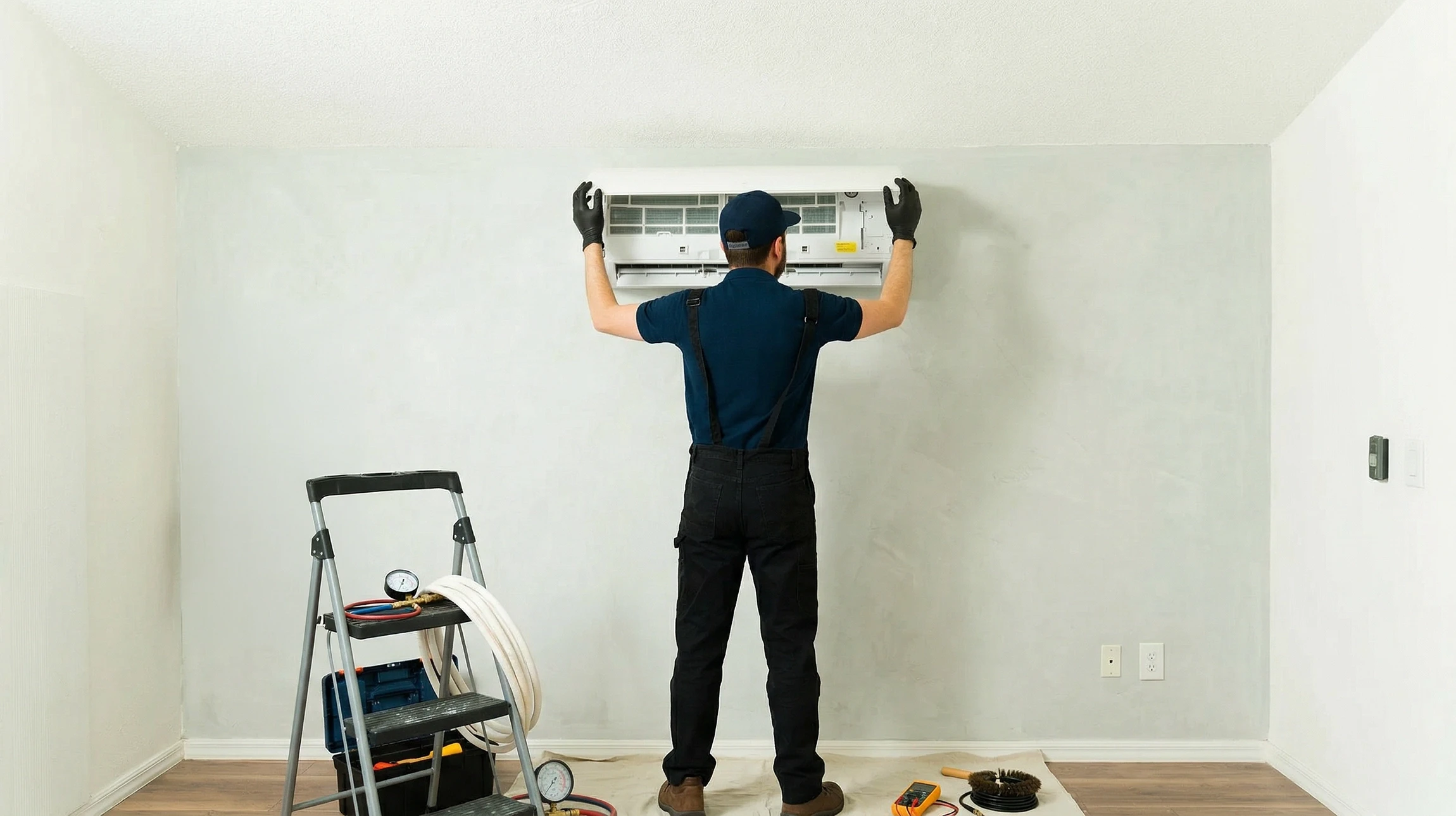 Intérieur résidentiel, personne effectuant la maintenance d'une unité de climatisation murale