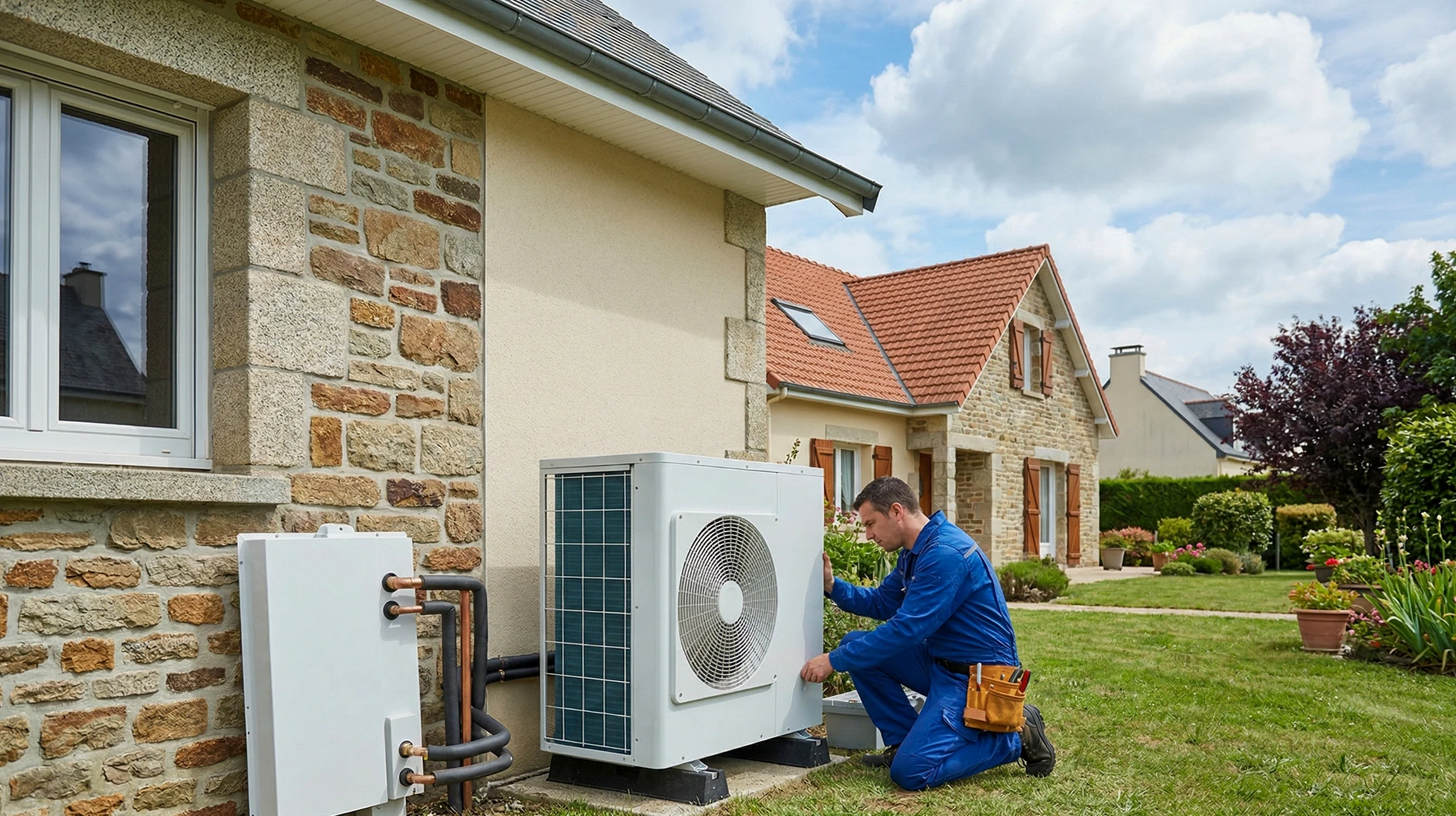 Installation d'une pompe à chaleur air-eau en façade ou en arrière-plan d'une maison résidentielle. Un technicien en tenue professionnelle effectue l'installation ou l'inspection d'une unité extérieure (évaporateur) de pompe à chaleur sur le mur extérieur ou au sol. La photo montre clairement le système air-eau avec ses conduits et raccordements, illustrant le remplacement d'une ancienne installation de chauffage. L'environnement est résidentiel, professionnel et réaliste, sans texte ni logo visible.