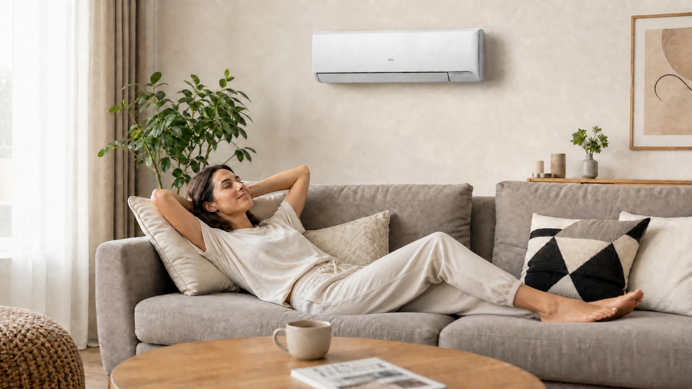Intérieur résidentiel, personne effectuant la maintenance d'une unité de climatisation murale